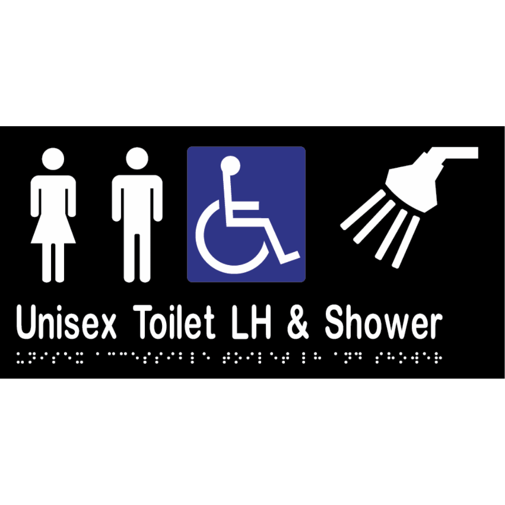 Unisex Accessible Toilet LH & Shower Braille Sign in Designer Black Vinyl - MLS16297_BLK