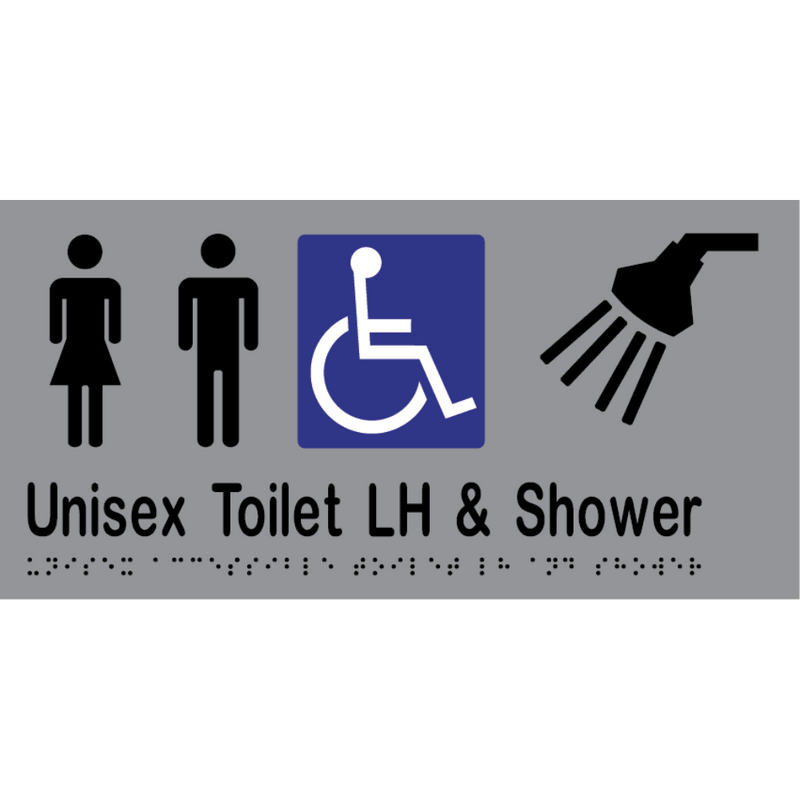 Unisex Accessible Toilet LH & Shower Braille Sign in Silver Vinyl - MLS16297_SIL