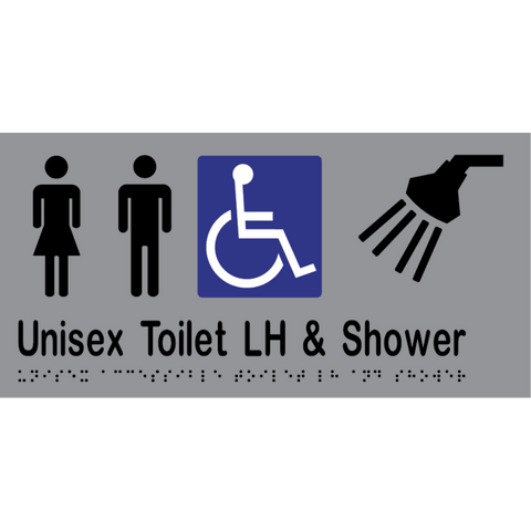 Unisex Accessible Toilet LH & Shower Braille Sign in Silver Vinyl - MLS16297_SIL