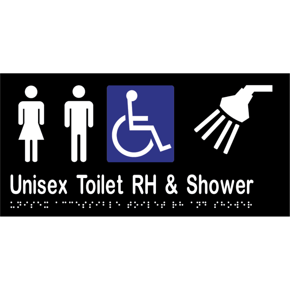 Unisex Accessible Toilet RH & Shower Braille Sign in Designer Black Vinyl - MLS16298_BLK