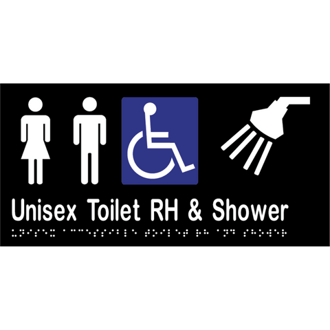 Unisex Accessible Toilet RH & Shower Braille Sign in Designer Black Vinyl - MLS16298_BLK