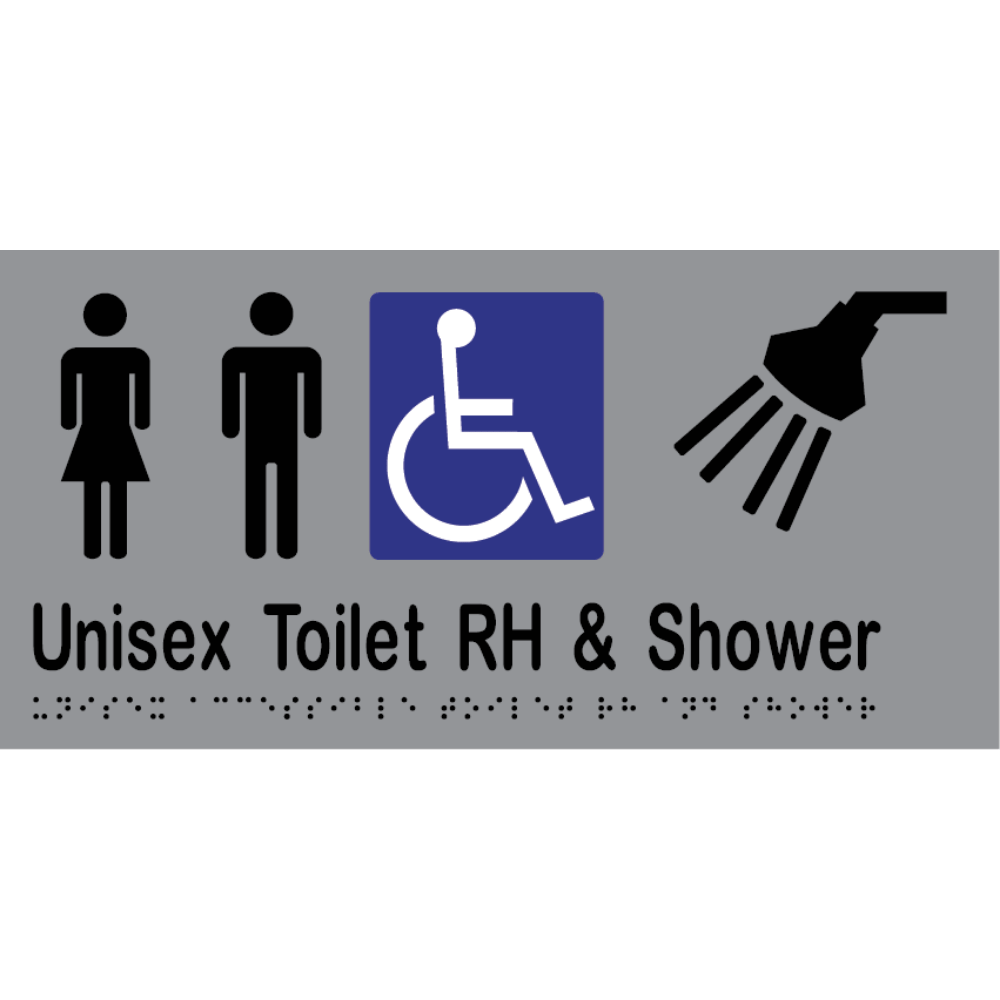 Unisex Accessible Toilet RH & Shower Braille Sign in Silver Vinyl - MLS16298_SIL