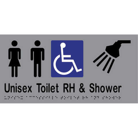 Unisex Accessible Toilet RH & Shower Braille Sign in Silver Vinyl - MLS16298_SIL