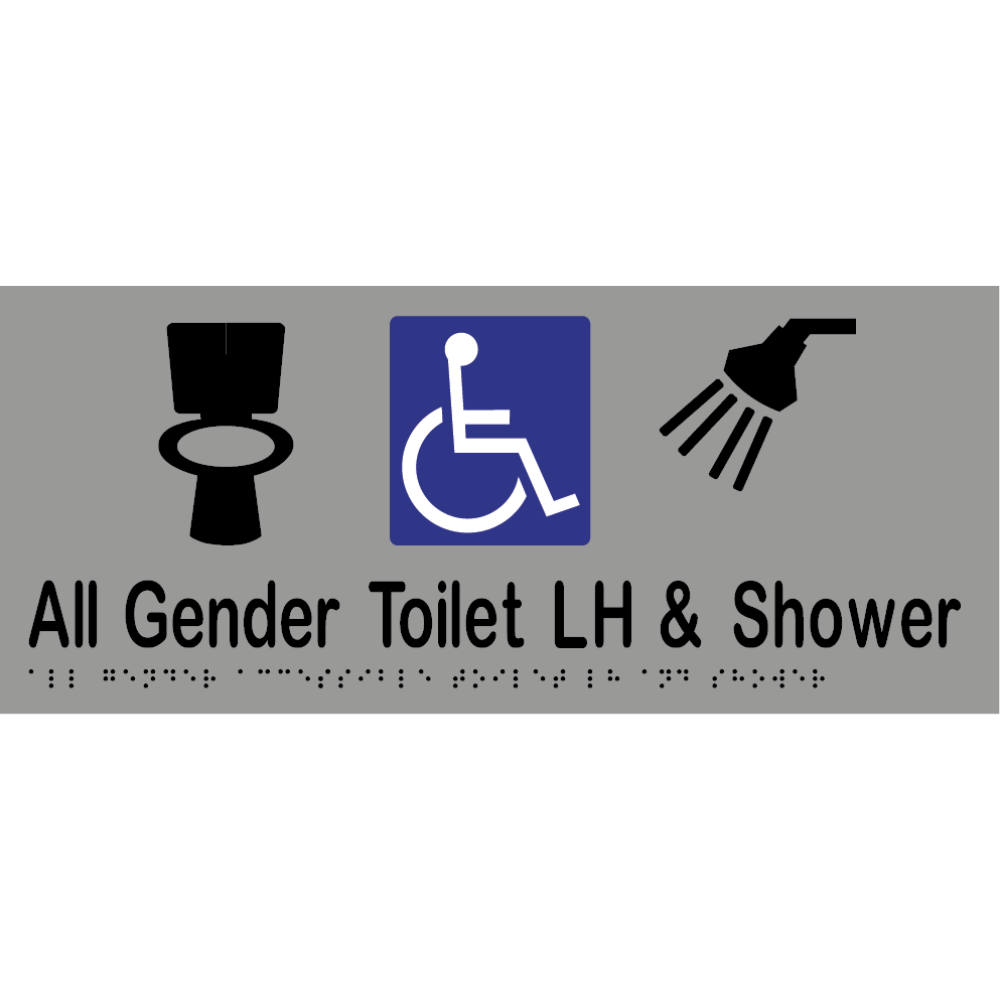 All Gender Accessible Toilet LH & Shower Braille Sign in Silver Vinyl - MLS16442_SIL