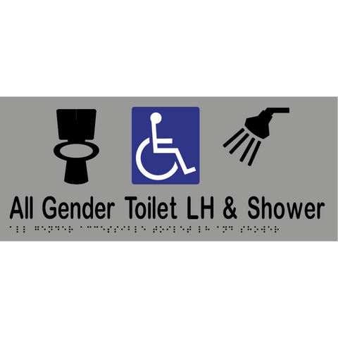 All Gender Accessible Toilet LH & Shower Braille Sign in Silver Vinyl - MLS16442_SIL