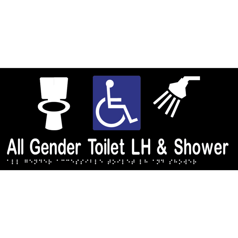 All Gender Accessible Toilet LH & Shower Braille Sign in Designer Black Vinyl - MLS16442_BLK