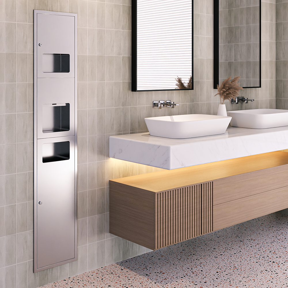 Recessed Paper Towel Dispenser, Hand Dryer & Waste Receptacle in Satin Stainless Steel - ML_ECO_73N1REC