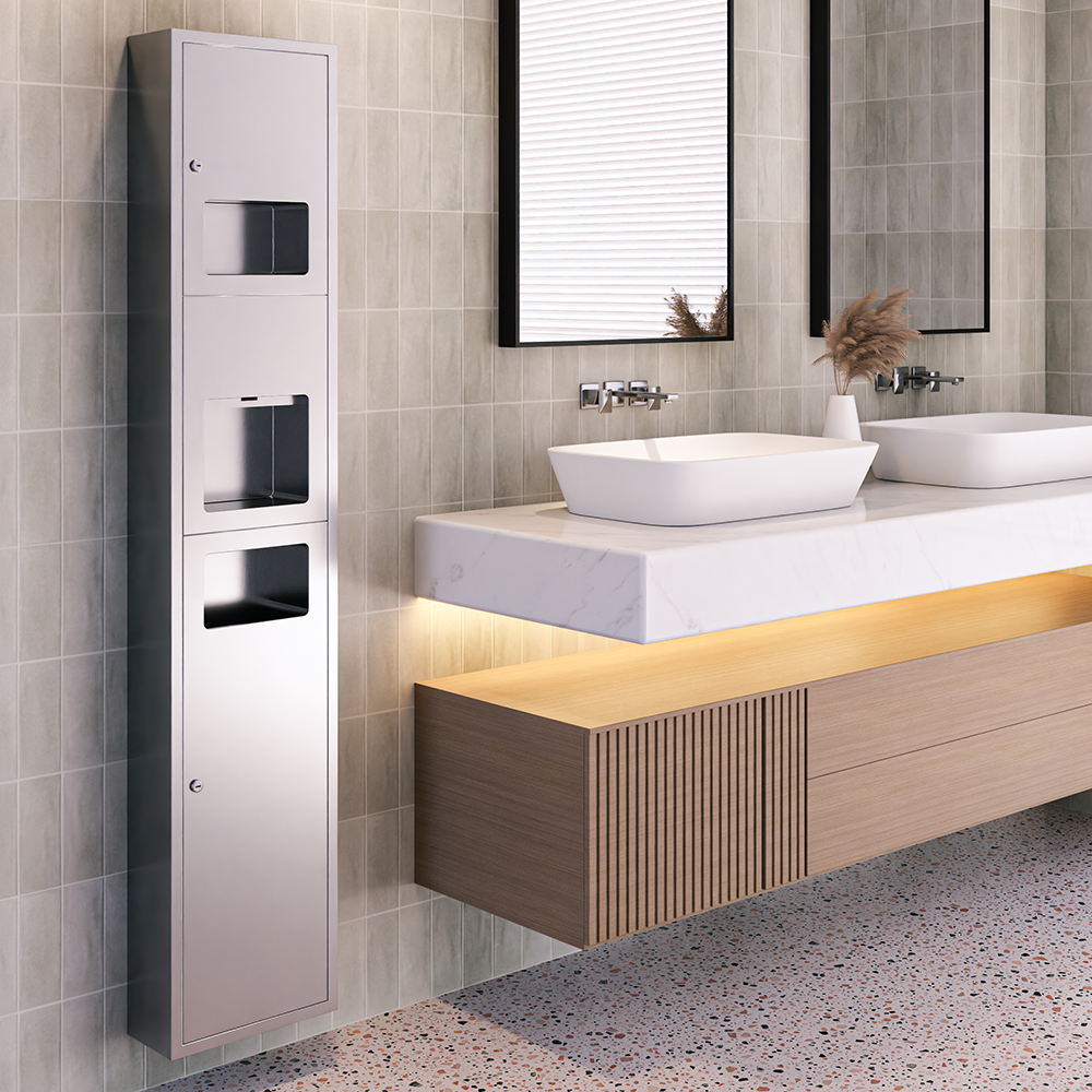 Surface Mounted Paper Towel Dispenser, Hand Dryer & Waste Receptacle in Satin Stainless Steel - ML_ECO_73N1SM