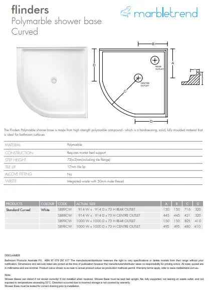 Marbletrend Flinders Curved Polymarble Shower Base (Australian Made) - Various Sizes