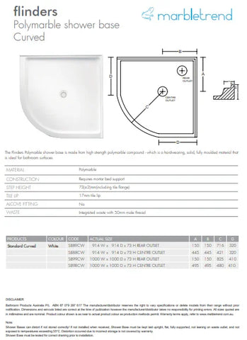 Marbletrend Flinders Curved Polymarble Shower Base (Australian Made) - Various Sizes