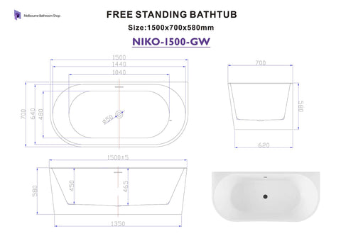Niko Back to Wall Freestanding Bath with Overflow 1500mm - Gloss White