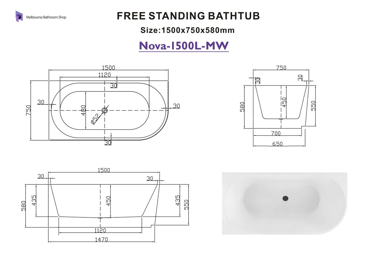Nova Corner Left Hand Corner Back to Wall Fluted Bath 1500mm - Matte White