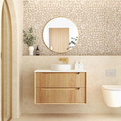 Otti Byron Fluted 900mm Woodland Oak Wall Hung Vanity  With  Gloss White Ceramic Top 900mm  (Stock Clearance)