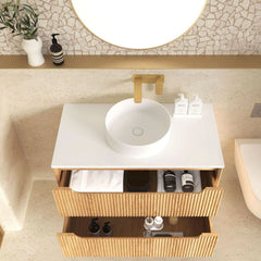 Otti Byron Fluted 900mm Woodland Oak Wall Hung Vanity  With  Gloss White Ceramic Top 900mm  (Stock Clearance)