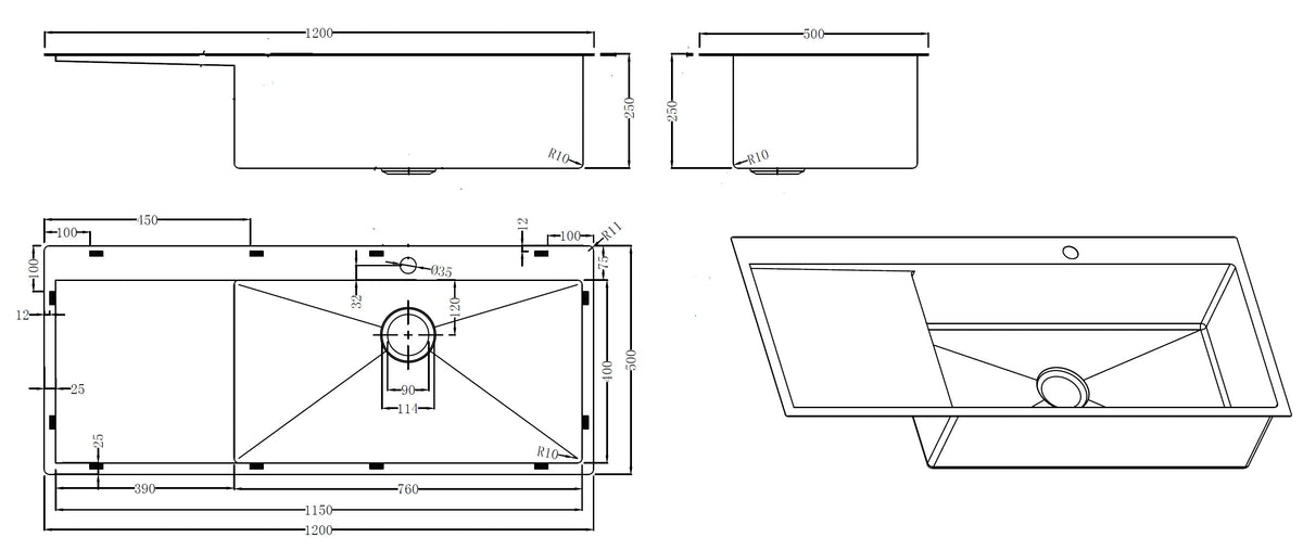 Mega 1200x500x250mm Single Bowl with Drainer Topmount Tap Landing Kitchen Sink