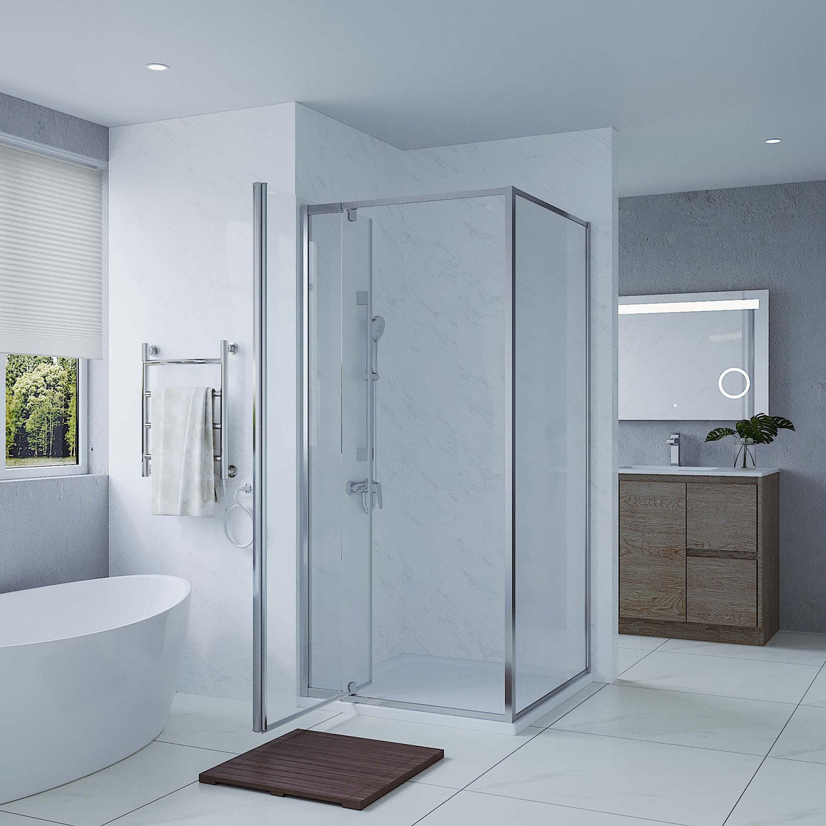 SS01 6mm Full Framed Pivot Shower Screen – Front & Return, 1950mm High, Chrome