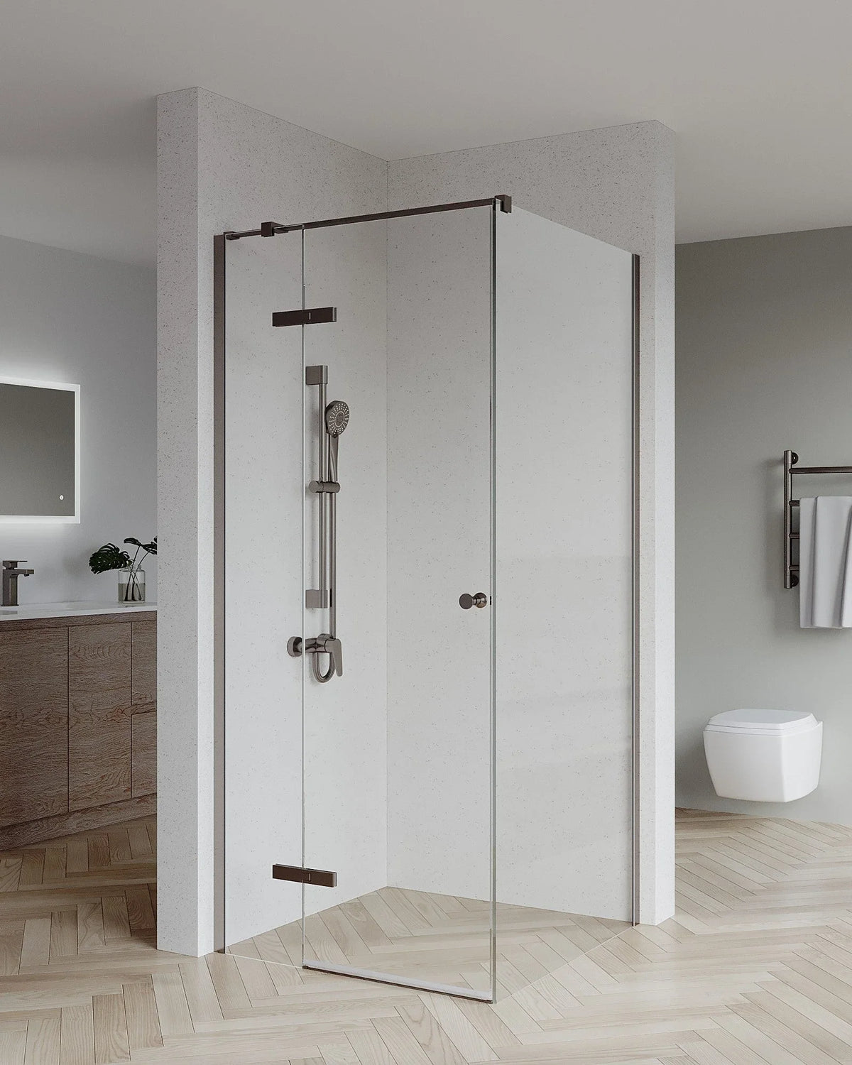 Glass shower screen in a bathroom