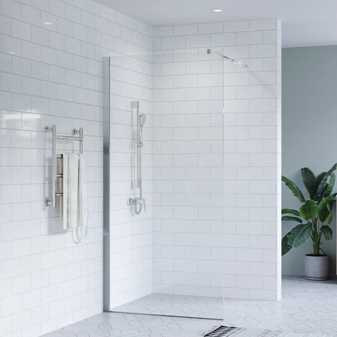 SS21 - Chrome Walk In Shower Screen with Support Bar - 800mm with 50mm Wide Wall Channel, 2000mm Height Glass