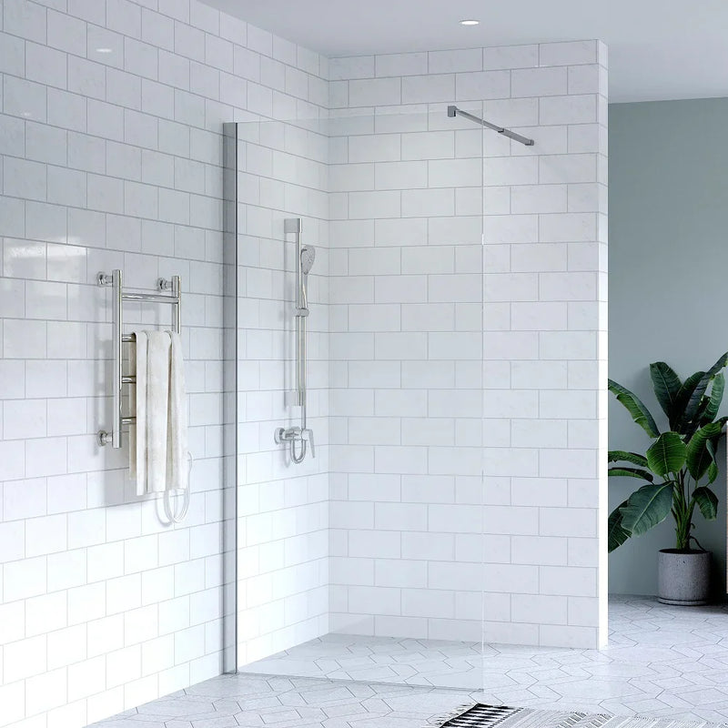SS21 - Chrome Walk In Shower Screen with Support Bar - 800mm with 50mm Wide Wall Channel, 2000mm Height Glass