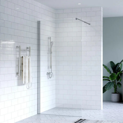 SS21 - Chrome Walk In Shower Screen with Support Bar - 800mm with 50mm Wide Wall Channel, 2000mm Height Glass