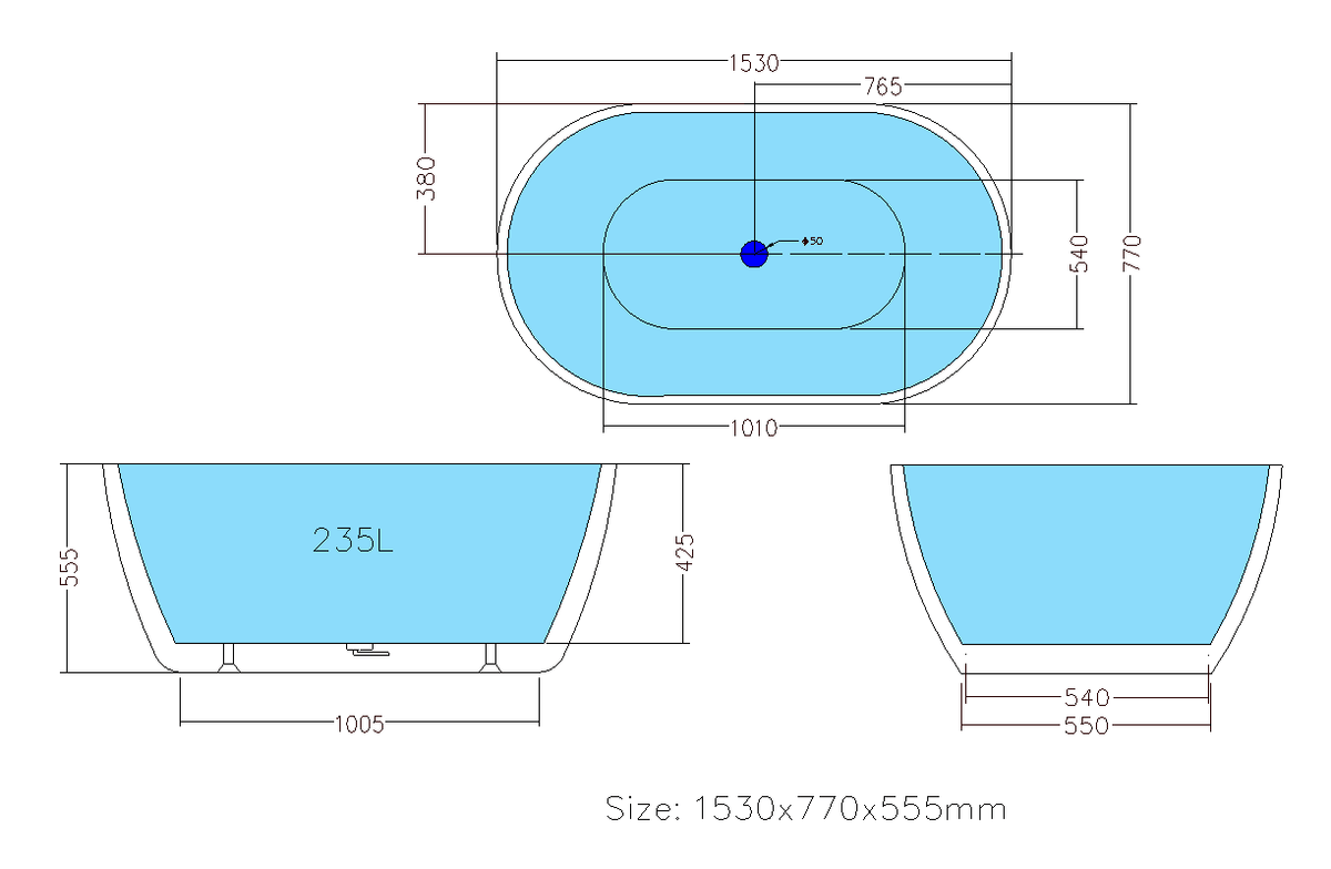 Oval Freestanding Bath 1000 / 1300 / 1400 / 1530 / 1600 / 1700 mm - Gloss White