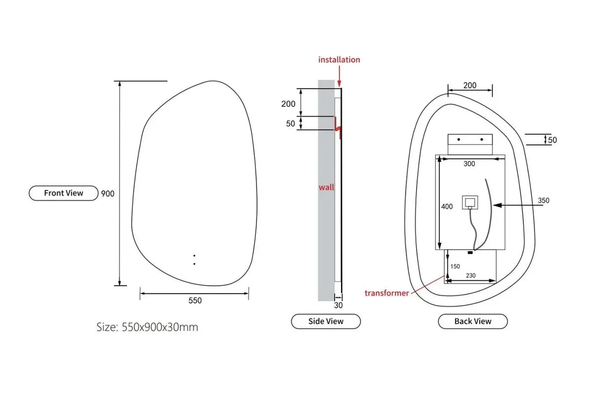 Pebble Shape LED Mirror Touchless switch with Demister 550x900mm - Frameless / with Frame