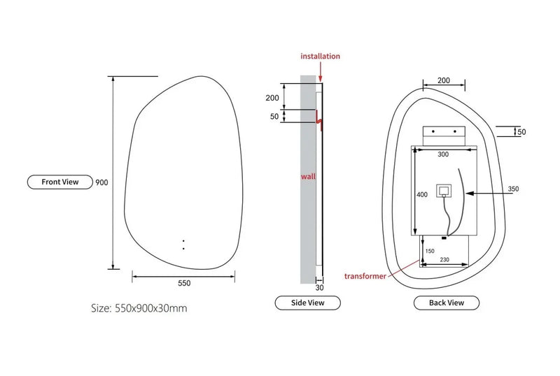Pebble Shape LED Mirror Touchless switch with Demister 550x900mm - Frameless / with Frame