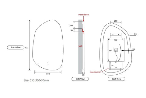 Pebble Shape LED Mirror Touchless switch with Demister 550x900mm - Frameless / with Frame