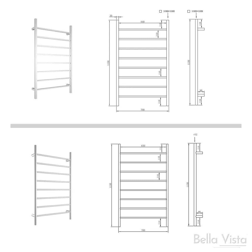 BV Non Heated Towel Ladder Square Bar in Chrome TL-1150-S 700mm