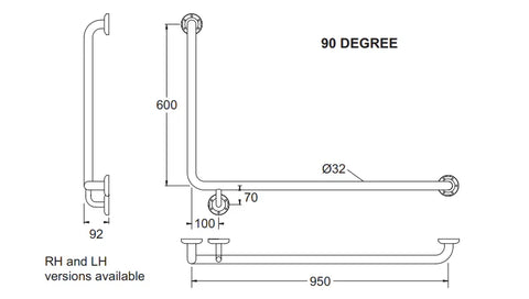 CARE Grab Rail Angled 90 degree 950x600mm Left / Right Hand - Various Colours