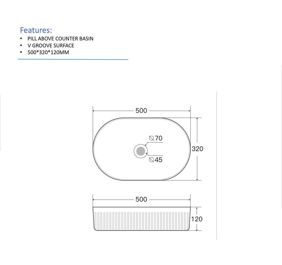 Cadel Fluted Above Counter Ceramic Basin 500x320x120mm