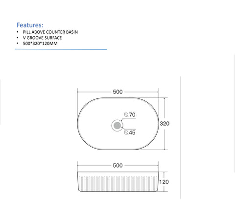 Cadel Fluted Above Counter Ceramic Basin 500x320x120mm