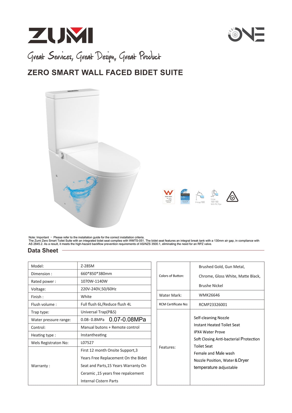 Zumi Zero Rimless Whirlpool Flushing Smart Bidet Toilet Suite