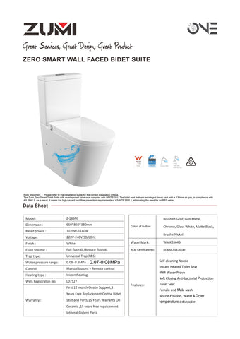Zumi Zero Rimless Whirlpool Flushing Smart Bidet Toilet Suite