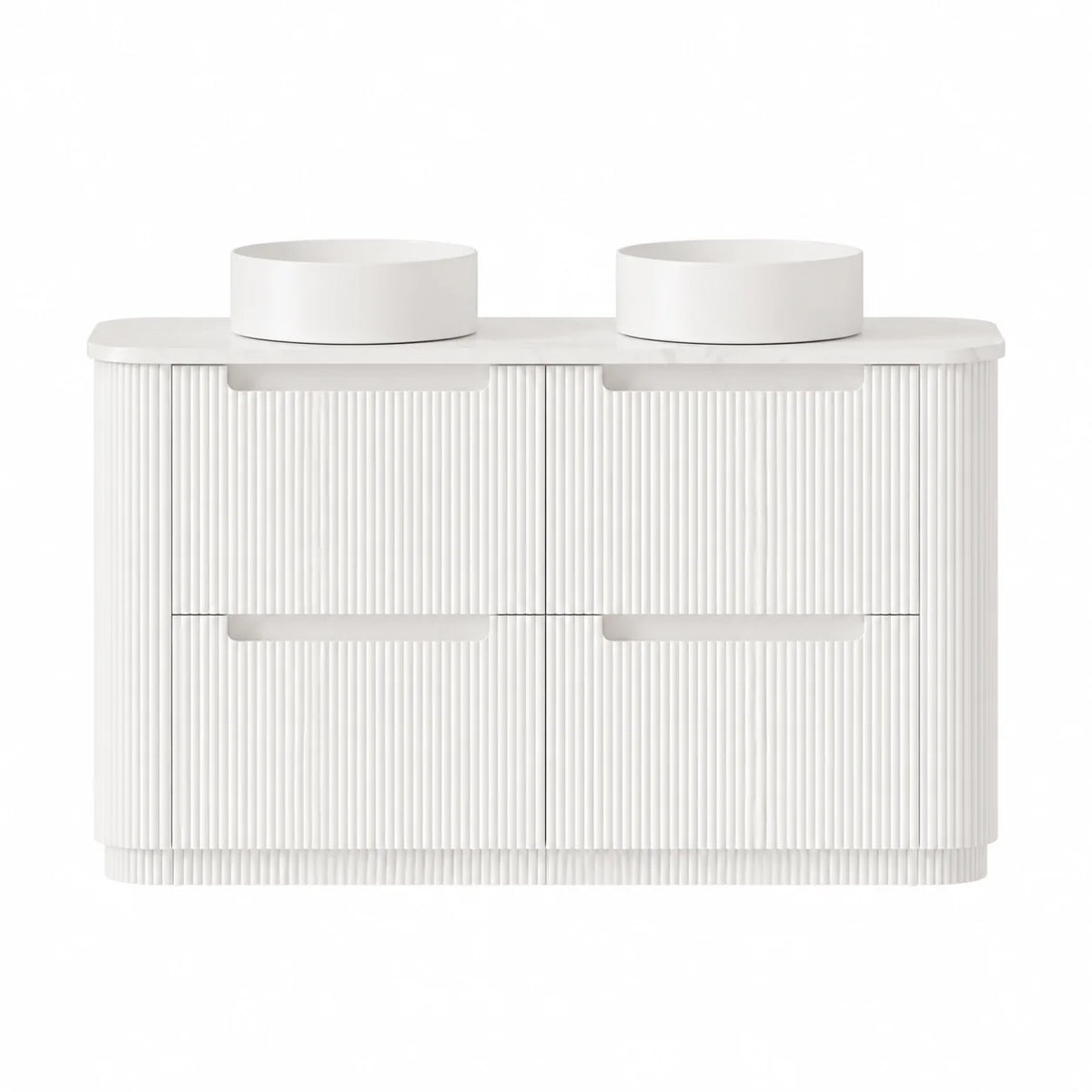 BV46 Fluted Matte White Curve Freestanding Vanity with Pure White stone top Double Bowls