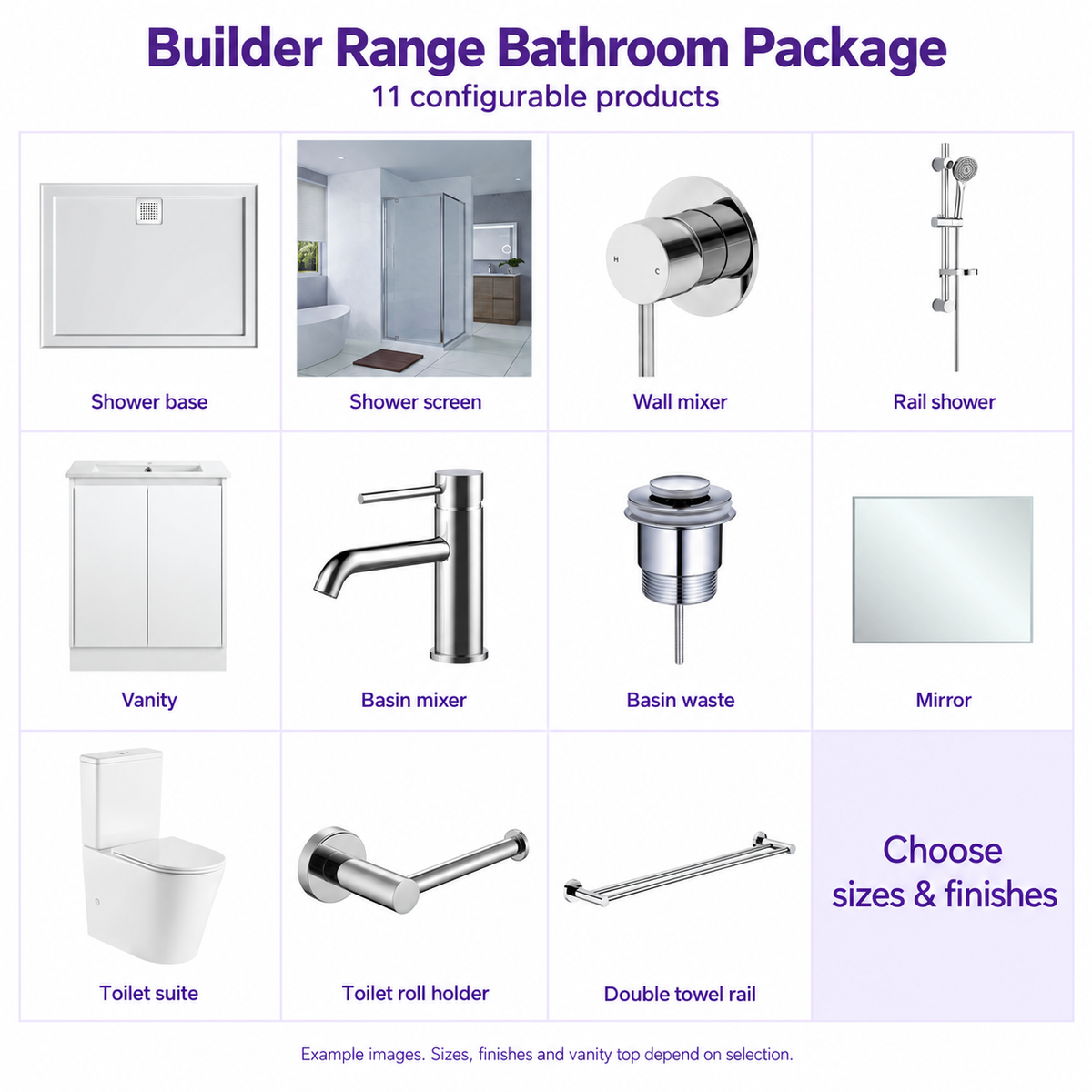 Builder Range bathroom package overview with shower base, screen, vanity, toilet, mixers, mirror and accessories; example configuration.