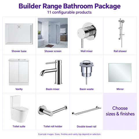 Builder Range bathroom package overview with shower base, screen, vanity, toilet, mixers, mirror and accessories; example configuration.