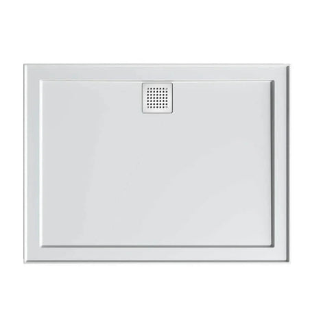 Eco low profile white polymarble shower base with waste cover; example size and waste position.