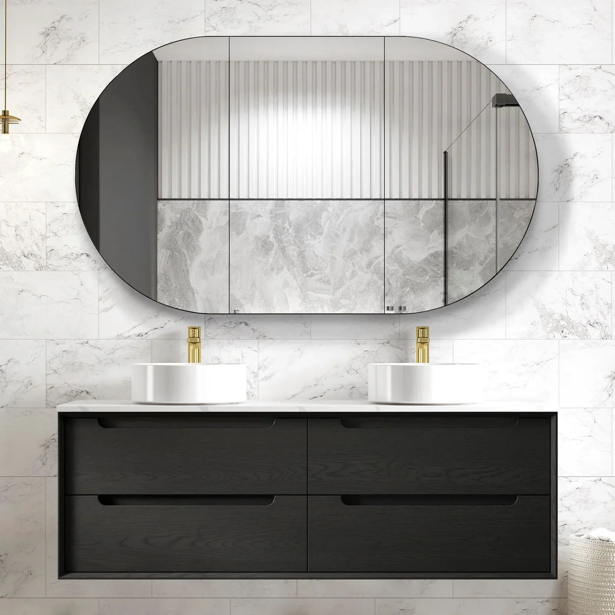 BV07WH Black Oak Fingerpull Wall Hung Vanity - 600 / 750 / 900 / 1200-S / 1200-D / 1500 mm