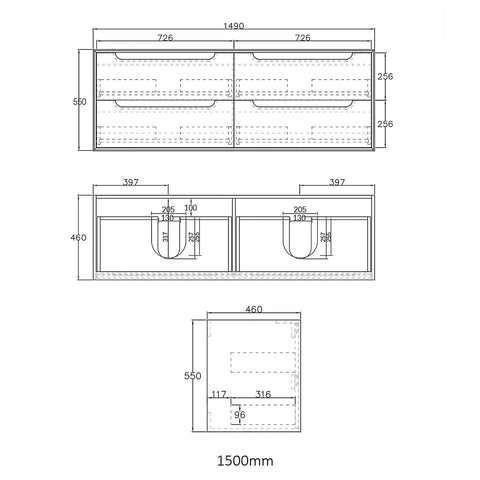 BV07WH Black Oak Fingerpull Wall Hung Vanity - 600 / 750 / 900 / 1200-S / 1200-D / 1500 mm