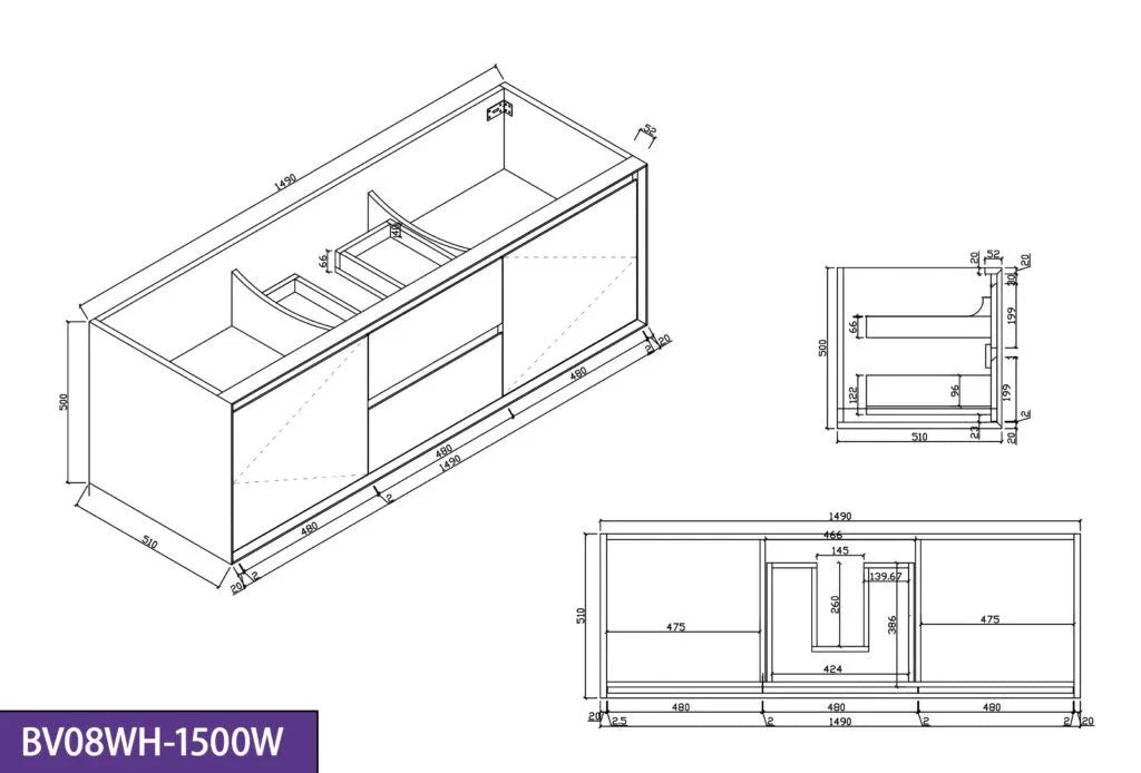 BV08WH Extra Deep (520mm) Matt White Fingerpull Wall Hung Vanity - 900 / 1200 / 1500mm