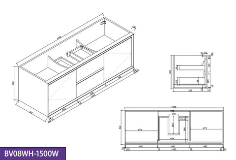 BV08WH Extra Deep (520mm) Matt White Fingerpull Wall Hung Vanity - 900 / 1200 / 1500mm
