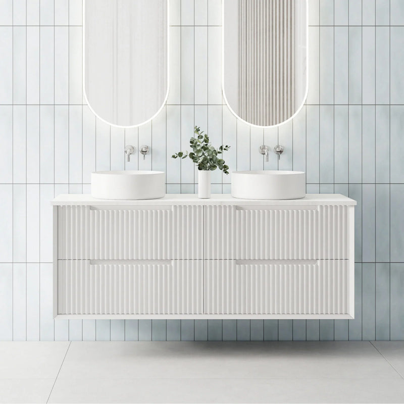 BV09WH Fluted Matte White Wall Hung Vanity - 750 / 900 / 1200 / 1500 (Single Bowl)/ 1500 (Double Bowls)