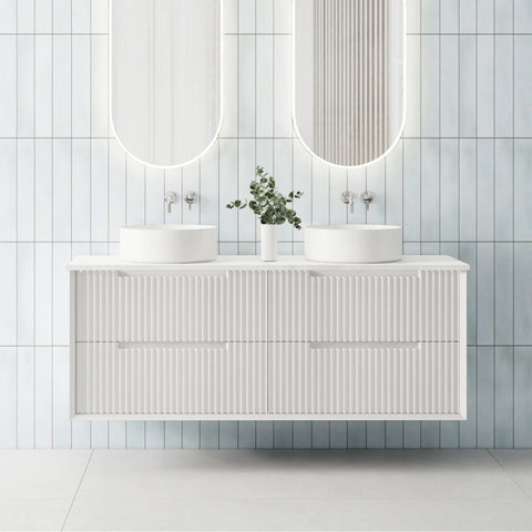 BV09WH Fluted Matte White Wall Hung Vanity - 750 / 900 / 1200 / 1500 (Single Bowl)/ 1500 (Double Bowls)