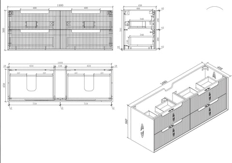 BV09WH Fluted Matte White Wall Hung Vanity - 750 / 900 / 1200 / 1500 (Single Bowl)/ 1500 (Double Bowls)