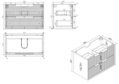BV09WH Fluted Matte White Wall Hung Vanity - 750 / 900 / 1200 / 1500 (Single Bowl)/ 1500 (Double Bowls)