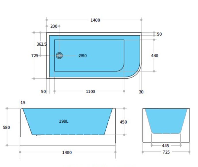 1400 Left Corner Gloss White Freestanding Bath Tub -1400x725x580mm