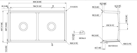 BUTLERS Double Bowls Ceramic Kitchen/Laundry Sink 845x455mm / 838x457mm