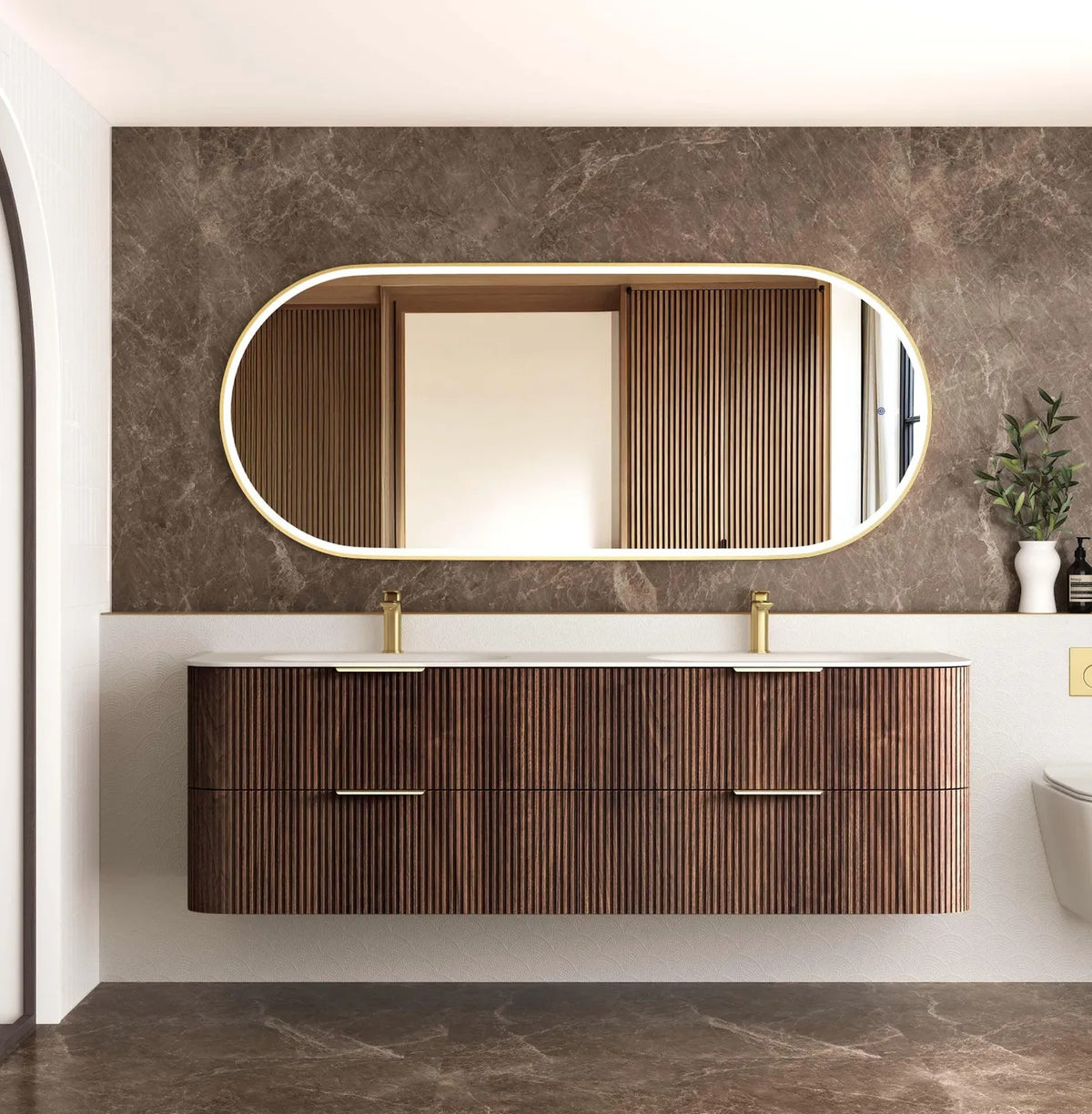 BV75 Plywood Fluted Walnut Wall Hung Curve Vanity - 600 / 750 / 900 / 1200 / 1500 / 1800mm