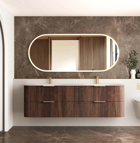 BV75 Plywood Fluted Walnut Wall Hung Curve Vanity